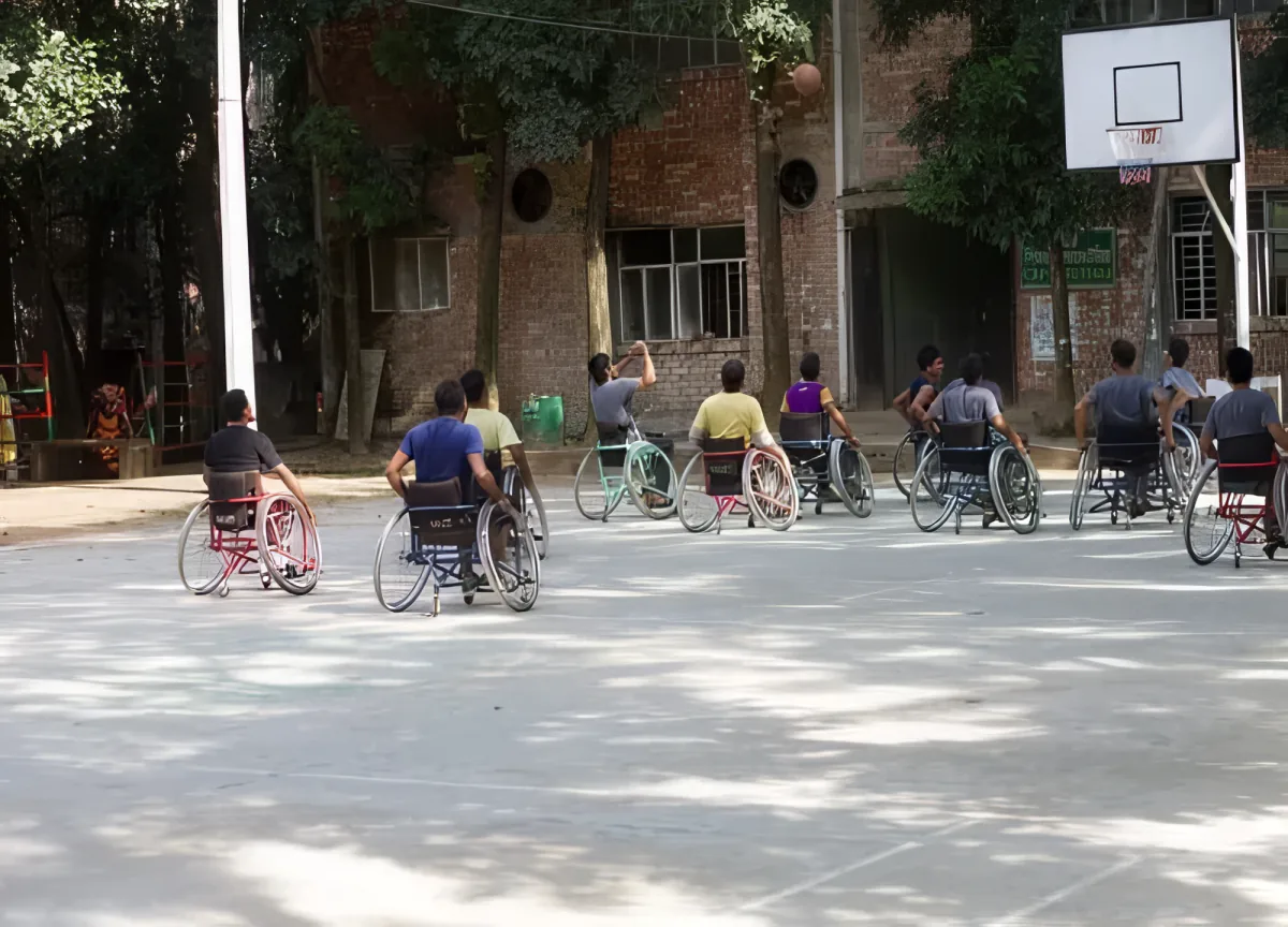 Wheelchair basketball practice on the court at CRP